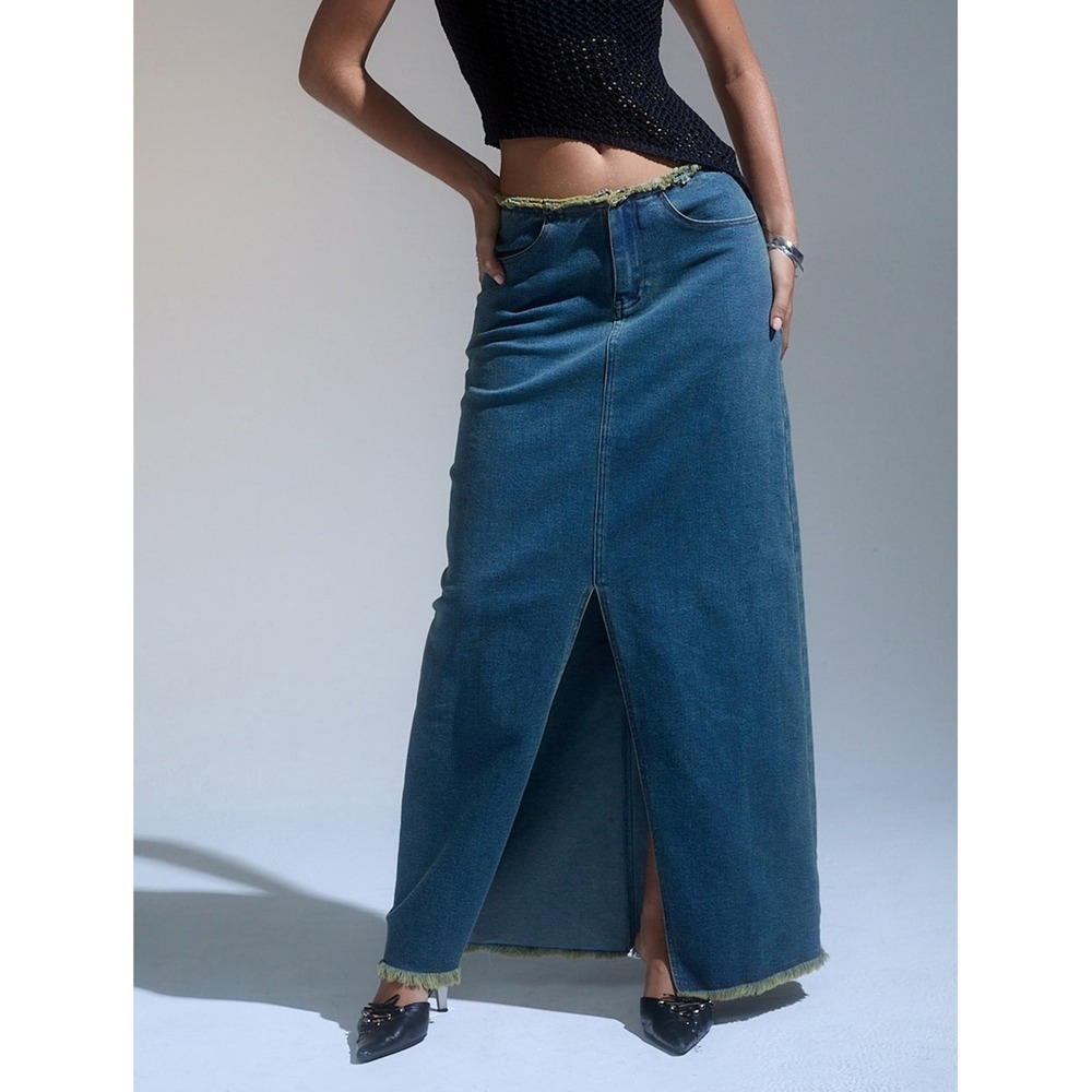 Motel Rocks Zaenap Denim Maxi Skirt Size S Brown Blue Acid Wash Raw Hem Y2K